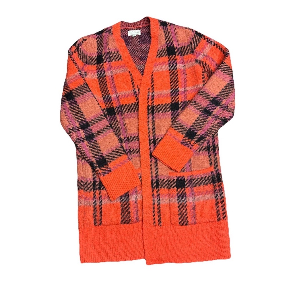 Lucky Brand Sweater Womens Medium Orange Plaid Cardigan Long Sleeve Wool Blend